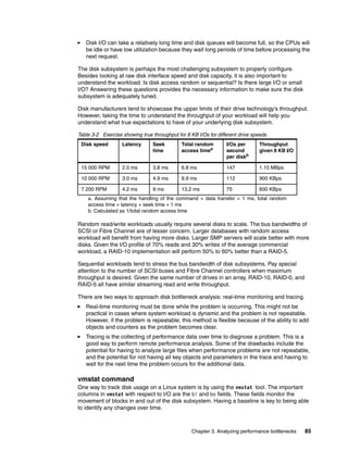 Chapter 3. Analyzing performance bottlenecks 85
򐂰 Disk I/O can take a relatively long time and disk queues will become full, so the CPUs will
be idle or have low utilization because they wait long periods of time before processing the
next request.
The disk subsystem is perhaps the most challenging subsystem to properly configure.
Besides looking at raw disk interface speed and disk capacity, it is also important to
understand the workload. Is disk access random or sequential? Is there large I/O or small
I/O? Answering these questions provides the necessary information to make sure the disk
subsystem is adequately tuned.
Disk manufacturers tend to showcase the upper limits of their drive technology’s throughput.
However, taking the time to understand the throughput of your workload will help you
understand what true expectations to have of your underlying disk subsystem.
Table 3-2 Exercise showing true throughput for 8 KB I/Os for different drive speeds
Random read/write workloads usually require several disks to scale. The bus bandwidths of
SCSI or Fibre Channel are of lesser concern. Larger databases with random access
workload will benefit from having more disks. Larger SMP servers will scale better with more
disks. Given the I/O profile of 70% reads and 30% writes of the average commercial
workload, a RAID-10 implementation will perform 50% to 60% better than a RAID-5.
Sequential workloads tend to stress the bus bandwidth of disk subsystems. Pay special
attention to the number of SCSI buses and Fibre Channel controllers when maximum
throughput is desired. Given the same number of drives in an array, RAID-10, RAID-0, and
RAID-5 all have similar streaming read and write throughput.
There are two ways to approach disk bottleneck analysis: real-time monitoring and tracing.
򐂰 Real-time monitoring must be done while the problem is occurring. This might not be
practical in cases where system workload is dynamic and the problem is not repeatable.
However, if the problem is repeatable, this method is flexible because of the ability to add
objects and counters as the problem becomes clear.
򐂰 Tracing is the collecting of performance data over time to diagnose a problem. This is a
good way to perform remote performance analysis. Some of the drawbacks include the
potential for having to analyze large files when performance problems are not repeatable,
and the potential for not having all key objects and parameters in the trace and having to
wait for the next time the problem occurs for the additional data.
vmstat command
One way to track disk usage on a Linux system is by using the vmstat tool. The important
columns in vmstat with respect to I/O are the bi and bo fields. These fields monitor the
movement of blocks in and out of the disk subsystem. Having a baseline is key to being able
to identify any changes over time.
Disk speed Latency Seek
time
Total random
access timea
a. Assuming that the handling of the command + data transfer < 1 ms, total random
access time = latency + seek time + 1 ms
I/Os per
second
per diskb
b. Calculated as 1/total random access time
Throughput
given 8 KB I/O
15 000 RPM 2.0 ms 3.8 ms 6.8 ms 147 1.15 MBps
10 000 RPM 3.0 ms 4.9 ms 8.9 ms 112 900 KBps
7 200 RPM 4.2 ms 9 ms 13.2 ms 75 600 KBps
 