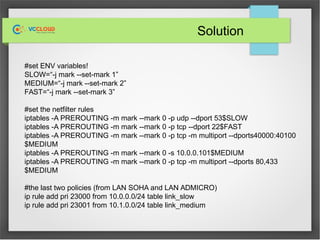 Solution
#set ENV variables!
SLOW=“-j mark --set-mark 1”
MEDIUM=“-j mark --set-mark 2”
FAST=“-j mark --set-mark 3”
#set the netfilter rules
iptables -A PREROUTING -m mark --mark 0 -p udp --dport 53$SLOW
iptables -A PREROUTING -m mark --mark 0 -p tcp --dport 22$FAST
iptables -A PREROUTING -m mark --mark 0 -p tcp -m multiport --dports40000:40100
$MEDIUM
iptables -A PREROUTING -m mark --mark 0 -s 10.0.0.101$MEDIUM
iptables -A PREROUTING -m mark --mark 0 -p tcp -m multiport --dports 80,433
$MEDIUM
#the last two policies (from LAN SOHA and LAN ADMICRO)
ip rule add pri 23000 from 10.0.0.0/24 table link_slow
ip rule add pri 23001 from 10.1.0.0/24 table link_medium
 