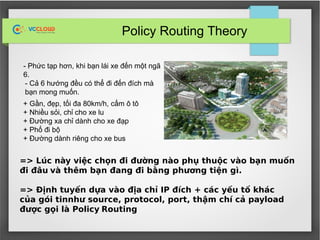 Policy Routing Theory
- Phức tạp hơn, khi bạn lái xe đến một ngã
6.
- Cả 6 hướng đều có thể đi đến đích mà
bạn mong muốn.
+ Gần, đẹp, tối đa 80km/h, cấm ô tô
+ Nhiều sỏi, chỉ cho xe lu
+ Đường xa chỉ dành cho xe đạp
+ Phố đi bộ
+ Đường dành riêng cho xe bus
=> Lúc này việc chọn đi đường nào phụ thuộc vào bạn muốn
đi đâu và thêm bạn đang đi bằng phương tiện gì.
=> Định tuyến dựa vào địa chỉ IP đích + các yếu tố khác
của gói tinnhư source, protocol, port, thậm chí cả payload
được gọi là Policy Routing
 