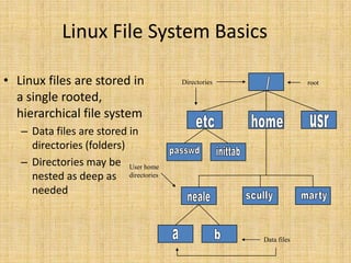 Linux File System Basics<br />root<br />/<br />Directories<br />etc<br />home<br />usr<br />passwd<br />inittab<br />User ...