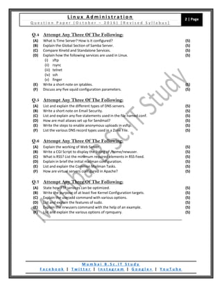 L i n u x A d m i n i s t r a t i o n
Q u e s t i o n P a p e r ( O c t o b e r – 2 0 1 6 ) [ R e v i s e d S y l l a b u ...