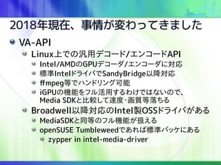 2018Fڡ餬äƤޤ
VA-API
LinuxϤǤΚåǥ`/󥳩`API
Intel/AMDGPUǥ`/󥳩`ˌ
˜Intelɥ饤ФSandyBridgeԽ
ffmpegȤǥϥɥ󥰿
iGPUΙCܤեä櫓ǤϤʤΤǡ
Media SDKȱ^ٶ?|
BroadwellԽInteluOSSɥ饤Ф
MediaSDKͬȤΥեCܤQ
openSUSE TumbleweedǤИ˜ʥѥåˤ
zypper in intel-media-driver
 