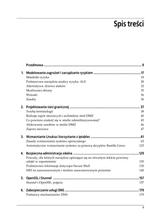 Spis treści



     Przedmowa .................................................................................................................... 9

1. Modelowanie zagrożeń i zarządzanie ryzykiem ........................................................17
     Składniki ryzyka                                                                                                            18
     Podstawowe narzędzia analizy ryzyka: ALE                                                                                    28
     Alternatywa: drzewo ataków                                                                                                  32
     Możliwości obrony                                                                                                           35
     Wnioski                                                                                                                     36
     Zasoby                                                                                                                      36

2. Projektowanie sieci granicznej ................................................................................... 37
     Trochę terminologii                                                                                                         38
     Rodzaje zapór sieciowych i architektur stref DMZ                                                                            40
     Co powinno znaleźć się w strefie zdemilitaryzowanej?                                                                        45
     Alokowanie zasobów w strefie DMZ                                                                                            46
     Zapora sieciowa                                                                                                             47

3. Wzmacnianie Linuksa i korzystanie z iptables ...........................................................61
     Zasady wzmacniania systemu operacyjnego                                                                                    62
     Automatyczne wzmacnianie systemu za pomocą skryptów Bastille Linux                                                        123

4. Bezpieczna administracja zdalna ..............................................................................129
     Powody, dla których narzędzia opierające się na otwartym tekście powinny
     odejść w zapomnienie                                                                                                      129
     Podstawowe informacje dotyczące Secure Shell                                                                              130
     SSH na zaawansowanym i średnio zaawansowanym poziomie                                                                     140

5. OpenSSL i Stunnel ......................................................................................................157
     Stunnel i OpenSSL: pojęcia                                                                                                157

6. Zabezpieczanie usługi DNS ........................................................................................179
     Podstawy mechanizmów DNS                                                                                                  179



                                                                                                                                   5
 