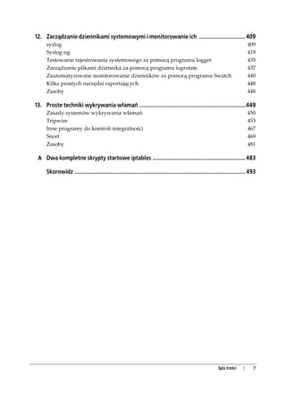 12. Zarządzanie dziennikami systemowymi i monitorowanie ich ...............................409
     syslog                                                                                                                      409
     Syslog-ng                                                                                                                   419
     Testowanie rejestrowania systemowego za pomocą programu logger                                                              435
     Zarządzanie plikami dziennika za pomocą programu logrotate                                                                  437
     Zautomatyzowane monitorowanie dzienników za pomocą programu Swatch                                                          440
     Kilka prostych narzędzi raportujących                                                                                       448
     Zasoby                                                                                                                      448

13. Proste techniki wykrywania włamań .......................................................................449
     Zasady systemów wykrywania włamań                                                                                           450
     Tripwire                                                                                                                    453
     Inne programy do kontroli integralności                                                                                     467
     Snort                                                                                                                       469
     Zasoby                                                                                                                      481

 A Dwa kompletne skrypty startowe iptables ..............................................................483

     Skorowidz .................................................................................................................. 493




                                                                                                              Spis treści    |     7
 