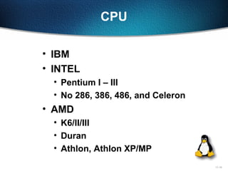 11-10
CPU
• IBM
• INTEL
• Pentium I – III
• No 286, 386, 486, and Celeron
• AMD
• K6/II/III
• Duran
• Athlon, Athlon XP/MP
 