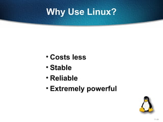 11-24
Why Use Linux?
• Costs less
• Stable
• Reliable
• Extremely powerful
 