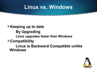 11-31
Linux vs. Windows
Keeping up to date
By Upgrading
Linux upgrades faster than Windows
Compatibility
Linux is Backward Compatible unlike
Windows
 