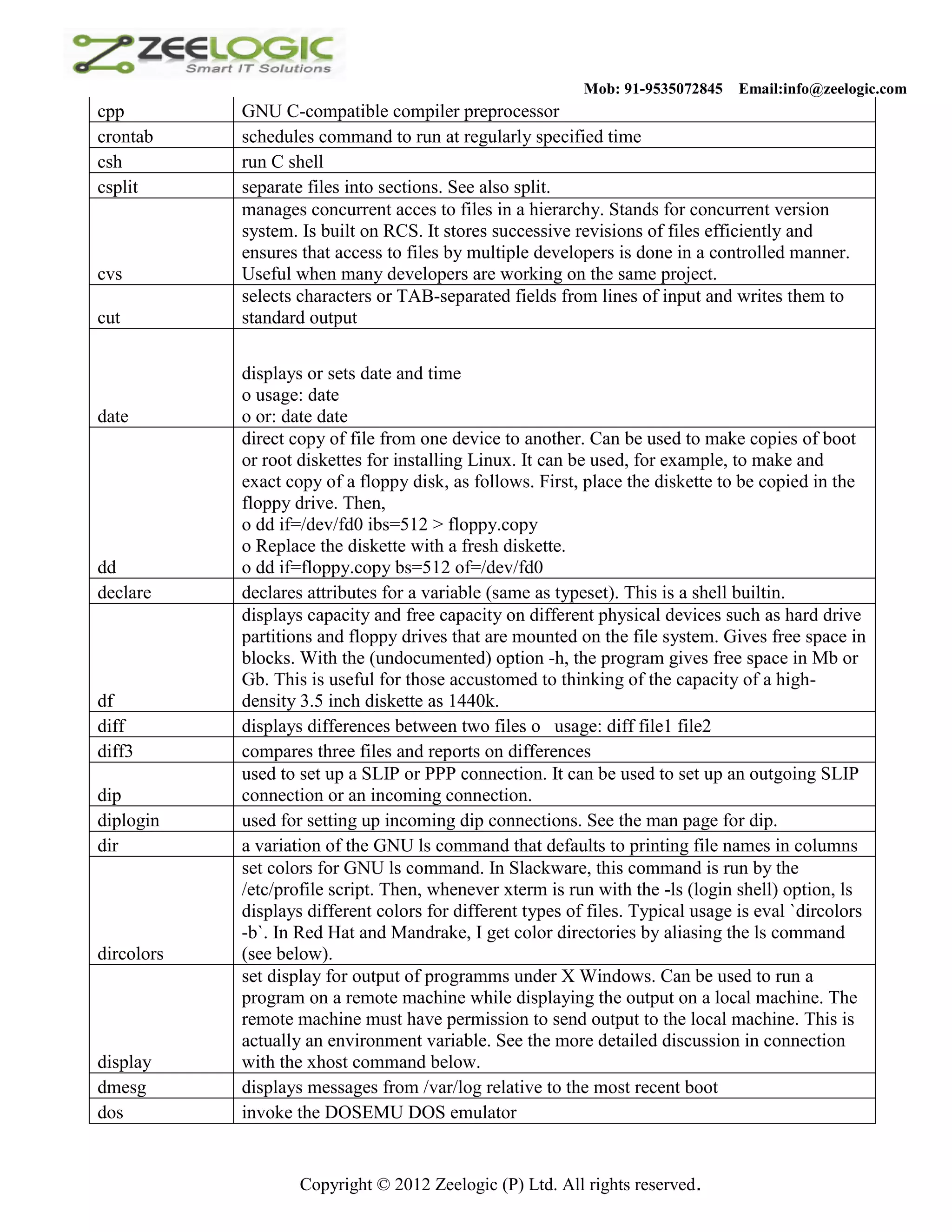 Mob: 91-9535072845 Email:info@zeelogic.com cpp GNU C-compatible compiler preprocessor crontab schedules command to run at regularly specified time csh run C shell csplit separate files into sections. See also split. manages concurrent acces to files in a hierarchy. Stands for concurrent version system. Is built on RCS. It stores successive revisions of files efficiently and ensures that access to files by multiple developers is done in a controlled manner. cvs Useful when many developers are working on the same project. selects characters or TAB-separated fields from lines of input and writes them to cut standard output displays or sets date and time o usage: date date o or: date date direct copy of file from one device to another. Can be used to make copies of boot or root diskettes for installing Linux. It can be used, for example, to make and exact copy of a floppy disk, as follows. First, place the diskette to be copied in the floppy drive. Then, o dd if=/dev/fd0 ibs=512 > floppy.copy o Replace the diskette with a fresh diskette. dd o dd if=floppy.copy bs=512 of=/dev/fd0 declare declares attributes for a variable (same as typeset). This is a shell builtin. displays capacity and free capacity on different physical devices such as hard drive partitions and floppy drives that are mounted on the file system. Gives free space in blocks. With the (undocumented) option -h, the program gives free space in Mb or Gb. This is useful for those accustomed to thinking of the capacity of a high- df density 3.5 inch diskette as 1440k. diff displays differences between two files o usage: diff file1 file2 diff3 compares three files and reports on differences used to set up a SLIP or PPP connection. It can be used to set up an outgoing SLIP dip connection or an incoming connection. diplogin used for setting up incoming dip connections. See the man page for dip. dir a variation of the GNU ls command that defaults to printing file names in columns set colors for GNU ls command. In Slackware, this command is run by the /etc/profile script. Then, whenever xterm is run with the -ls (login shell) option, ls displays different colors for different types of files. Typical usage is eval `dircolors -b`. In Red Hat and Mandrake, I get color directories by aliasing the ls command dircolors (see below). set display for output of programms under X Windows. Can be used to run a program on a remote machine while displaying the output on a local machine. The remote machine must have permission to send output to the local machine. This is actually an environment variable. See the more detailed discussion in connection display with the xhost command below. dmesg displays messages from /var/log relative to the most recent boot dos invoke the DOSEMU DOS emulator Copyright © 2012 Zeelogic (P) Ltd. All rights reserved. 