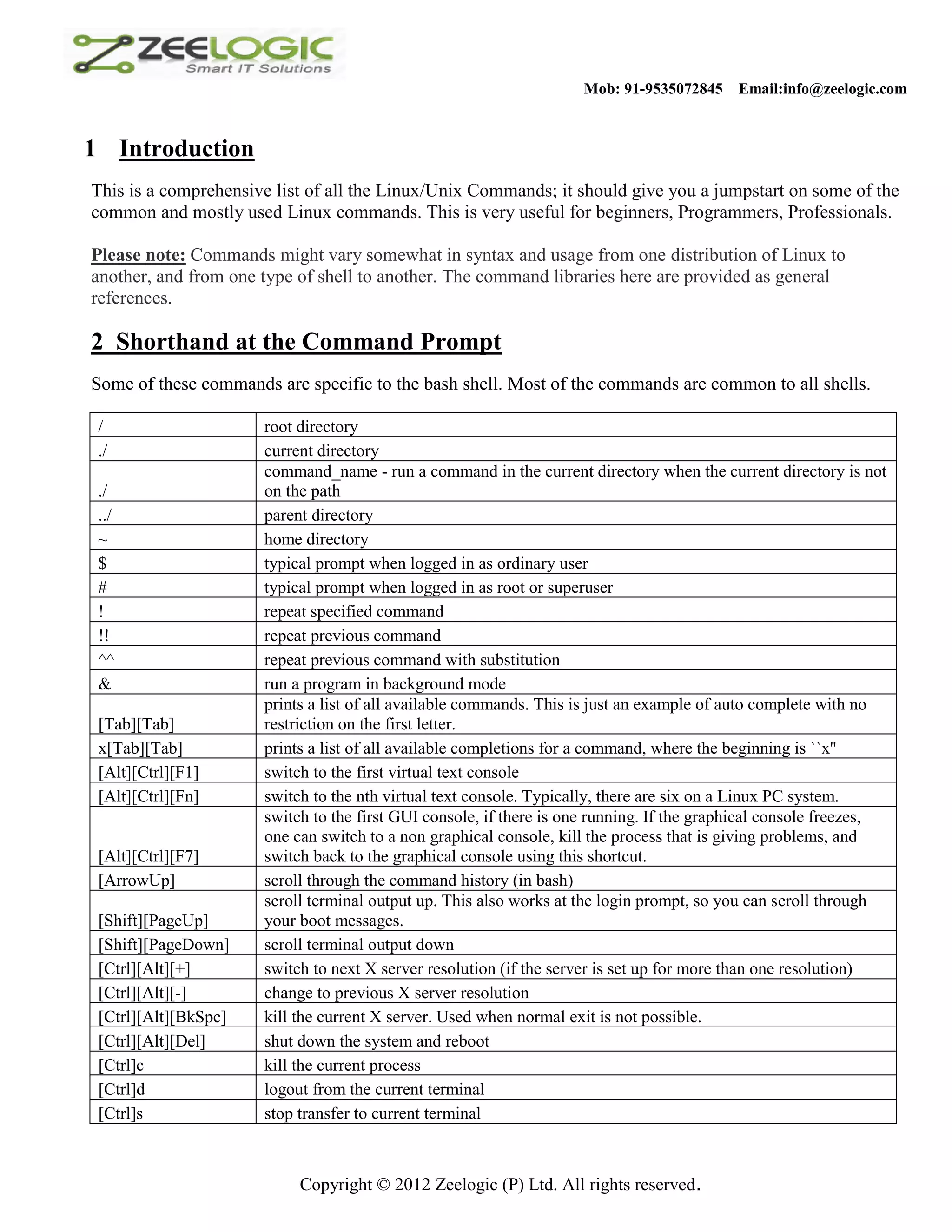 Mob: 91-9535072845 Email:info@zeelogic.com 1 Introduction This is a comprehensive list of all the Linux/Unix Commands; it should give you a jumpstart on some of the common and mostly used Linux commands. This is very useful for beginners, Programmers, Professionals. Please note: Commands might vary somewhat in syntax and usage from one distribution of Linux to another, and from one type of shell to another. The command libraries here are provided as general references. 2 Shorthand at the Command Prompt Some of these commands are specific to the bash shell. Most of the commands are common to all shells. / root directory ./ current directory command_name - run a command in the current directory when the current directory is not ./ on the path ../ parent directory ~ home directory $ typical prompt when logged in as ordinary user # typical prompt when logged in as root or superuser ! repeat specified command !! repeat previous command ^^ repeat previous command with substitution & run a program in background mode prints a list of all available commands. This is just an example of auto complete with no [Tab][Tab] restriction on the first letter. x[Tab][Tab] prints a list of all available completions for a command, where the beginning is ``x'' [Alt][Ctrl][F1] switch to the first virtual text console [Alt][Ctrl][Fn] switch to the nth virtual text console. Typically, there are six on a Linux PC system. switch to the first GUI console, if there is one running. If the graphical console freezes, one can switch to a non graphical console, kill the process that is giving problems, and [Alt][Ctrl][F7] switch back to the graphical console using this shortcut. [ArrowUp] scroll through the command history (in bash) scroll terminal output up. This also works at the login prompt, so you can scroll through [Shift][PageUp] your boot messages. [Shift][PageDown] scroll terminal output down [Ctrl][Alt][+] switch to next X server resolution (if the server is set up for more than one resolution) [Ctrl][Alt][-] change to previous X server resolution [Ctrl][Alt][BkSpc] kill the current X server. Used when normal exit is not possible. [Ctrl][Alt][Del] shut down the system and reboot [Ctrl]c kill the current process [Ctrl]d logout from the current terminal [Ctrl]s stop transfer to current terminal Copyright © 2012 Zeelogic (P) Ltd. All rights reserved. 