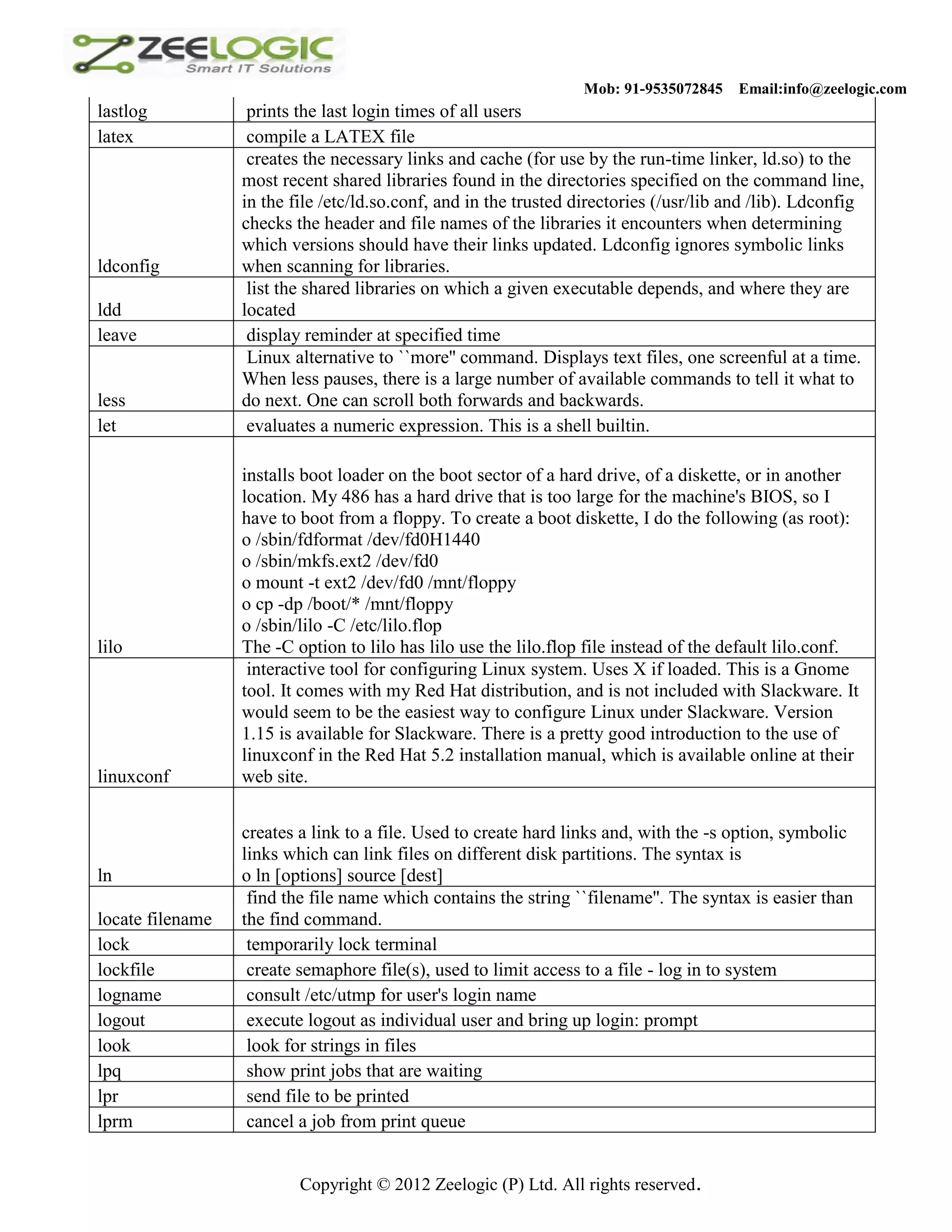 Mob: 91-9535072845 Email:info@zeelogic.com lastlog prints the last login times of all users latex compile a LATEX file creates the necessary links and cache (for use by the run-time linker, ld.so) to the most recent shared libraries found in the directories specified on the command line, in the file /etc/ld.so.conf, and in the trusted directories (/usr/lib and /lib). Ldconfig checks the header and file names of the libraries it encounters when determining which versions should have their links updated. Ldconfig ignores symbolic links ldconfig when scanning for libraries. list the shared libraries on which a given executable depends, and where they are ldd located leave display reminder at specified time Linux alternative to ``more'' command. Displays text files, one screenful at a time. When less pauses, there is a large number of available commands to tell it what to less do next. One can scroll both forwards and backwards. let evaluates a numeric expression. This is a shell builtin. installs boot loader on the boot sector of a hard drive, of a diskette, or in another location. My 486 has a hard drive that is too large for the machine's BIOS, so I have to boot from a floppy. To create a boot diskette, I do the following (as root): o /sbin/fdformat /dev/fd0H1440 o /sbin/mkfs.ext2 /dev/fd0 o mount -t ext2 /dev/fd0 /mnt/floppy o cp -dp /boot/* /mnt/floppy o /sbin/lilo -C /etc/lilo.flop lilo The -C option to lilo has lilo use the lilo.flop file instead of the default lilo.conf. interactive tool for configuring Linux system. Uses X if loaded. This is a Gnome tool. It comes with my Red Hat distribution, and is not included with Slackware. It would seem to be the easiest way to configure Linux under Slackware. Version 1.15 is available for Slackware. There is a pretty good introduction to the use of linuxconf in the Red Hat 5.2 installation manual, which is available online at their linuxconf web site. creates a link to a file. Used to create hard links and, with the -s option, symbolic links which can link files on different disk partitions. The syntax is ln o ln [options] source [dest] find the file name which contains the string ``filename''. The syntax is easier than locate filename the find command. lock temporarily lock terminal lockfile create semaphore file(s), used to limit access to a file - log in to system logname consult /etc/utmp for user's login name logout execute logout as individual user and bring up login: prompt look look for strings in files lpq show print jobs that are waiting lpr send file to be printed lprm cancel a job from print queue Copyright © 2012 Zeelogic (P) Ltd. All rights reserved. 