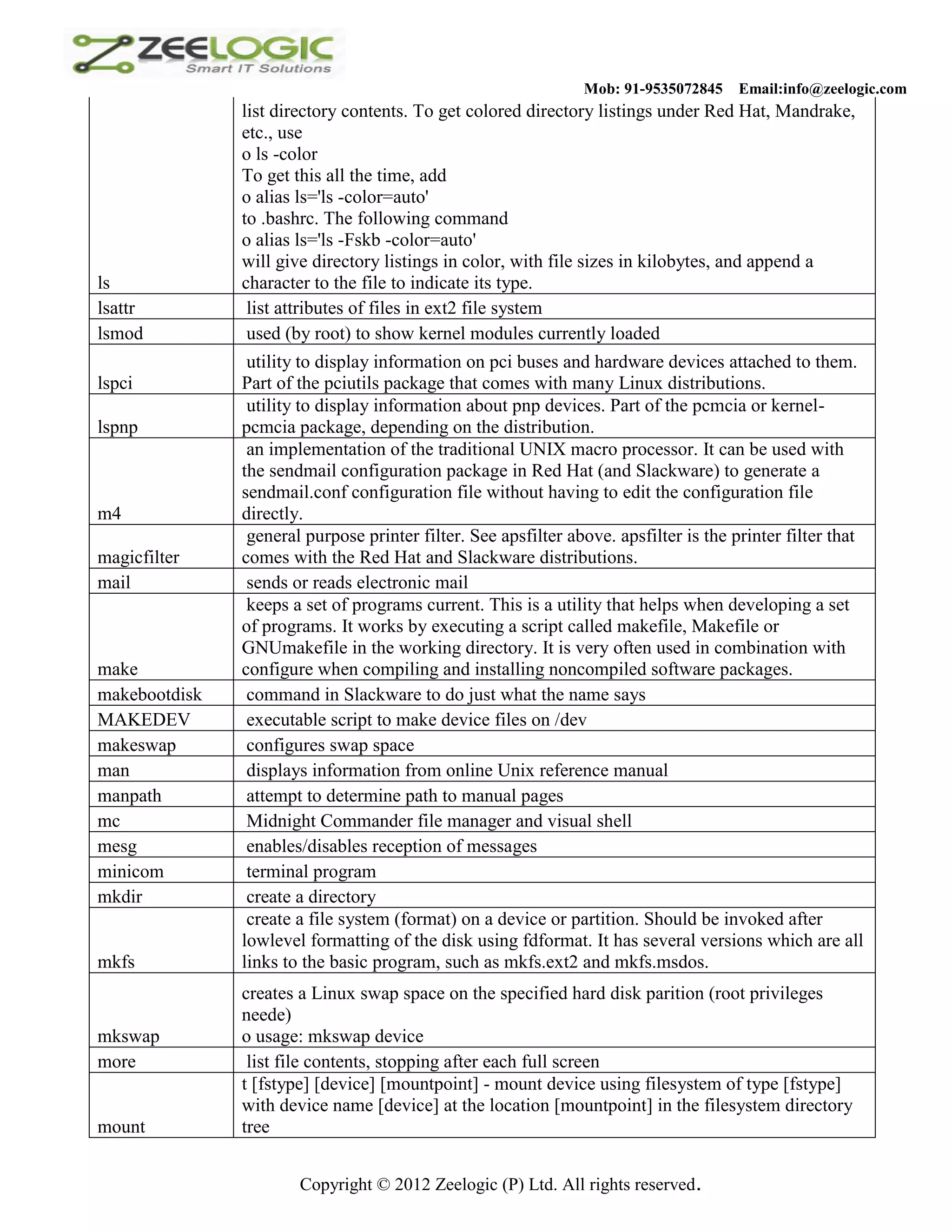 Mob: 91-9535072845 Email:info@zeelogic.com list directory contents. To get colored directory listings under Red Hat, Mandrake, etc., use o ls -color To get this all the time, add o alias ls='ls -color=auto' to .bashrc. The following command o alias ls='ls -Fskb -color=auto' will give directory listings in color, with file sizes in kilobytes, and append a ls character to the file to indicate its type. lsattr list attributes of files in ext2 file system lsmod used (by root) to show kernel modules currently loaded utility to display information on pci buses and hardware devices attached to them. lspci Part of the pciutils package that comes with many Linux distributions. utility to display information about pnp devices. Part of the pcmcia or kernel- lspnp pcmcia package, depending on the distribution. an implementation of the traditional UNIX macro processor. It can be used with the sendmail configuration package in Red Hat (and Slackware) to generate a sendmail.conf configuration file without having to edit the configuration file m4 directly. general purpose printer filter. See apsfilter above. apsfilter is the printer filter that magicfilter comes with the Red Hat and Slackware distributions. mail sends or reads electronic mail keeps a set of programs current. This is a utility that helps when developing a set of programs. It works by executing a script called makefile, Makefile or GNUmakefile in the working directory. It is very often used in combination with make configure when compiling and installing noncompiled software packages. makebootdisk command in Slackware to do just what the name says MAKEDEV executable script to make device files on /dev makeswap configures swap space man displays information from online Unix reference manual manpath attempt to determine path to manual pages mc Midnight Commander file manager and visual shell mesg enables/disables reception of messages minicom terminal program mkdir create a directory create a file system (format) on a device or partition. Should be invoked after lowlevel formatting of the disk using fdformat. It has several versions which are all mkfs links to the basic program, such as mkfs.ext2 and mkfs.msdos. creates a Linux swap space on the specified hard disk parition (root privileges neede) mkswap o usage: mkswap device more list file contents, stopping after each full screen t [fstype] [device] [mountpoint] - mount device using filesystem of type [fstype] with device name [device] at the location [mountpoint] in the filesystem directory mount tree Copyright © 2012 Zeelogic (P) Ltd. All rights reserved. 