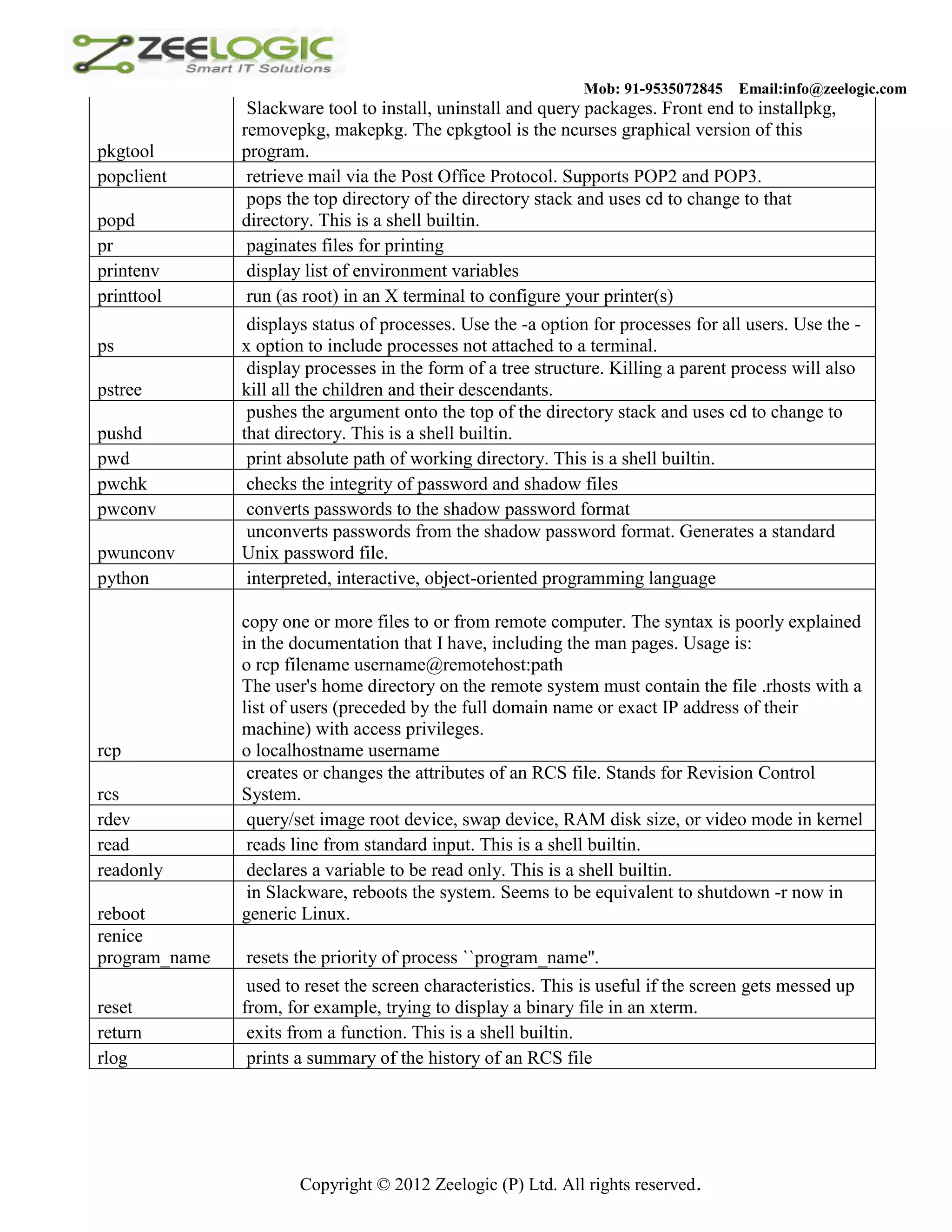 Mob: 91-9535072845 Email:info@zeelogic.com Slackware tool to install, uninstall and query packages. Front end to installpkg, removepkg, makepkg. The cpkgtool is the ncurses graphical version of this pkgtool program. popclient retrieve mail via the Post Office Protocol. Supports POP2 and POP3. pops the top directory of the directory stack and uses cd to change to that popd directory. This is a shell builtin. pr paginates files for printing printenv display list of environment variables printtool run (as root) in an X terminal to configure your printer(s) displays status of processes. Use the -a option for processes for all users. Use the - ps x option to include processes not attached to a terminal. display processes in the form of a tree structure. Killing a parent process will also pstree kill all the children and their descendants. pushes the argument onto the top of the directory stack and uses cd to change to pushd that directory. This is a shell builtin. pwd print absolute path of working directory. This is a shell builtin. pwchk checks the integrity of password and shadow files pwconv converts passwords to the shadow password format unconverts passwords from the shadow password format. Generates a standard pwunconv Unix password file. python interpreted, interactive, object-oriented programming language copy one or more files to or from remote computer. The syntax is poorly explained in the documentation that I have, including the man pages. Usage is: o rcp filename username@remotehost:path The user's home directory on the remote system must contain the file .rhosts with a list of users (preceded by the full domain name or exact IP address of their machine) with access privileges. rcp o localhostname username creates or changes the attributes of an RCS file. Stands for Revision Control rcs System. rdev query/set image root device, swap device, RAM disk size, or video mode in kernel read reads line from standard input. This is a shell builtin. readonly declares a variable to be read only. This is a shell builtin. in Slackware, reboots the system. Seems to be equivalent to shutdown -r now in reboot generic Linux. renice program_name resets the priority of process ``program_name''. used to reset the screen characteristics. This is useful if the screen gets messed up reset from, for example, trying to display a binary file in an xterm. return exits from a function. This is a shell builtin. rlog prints a summary of the history of an RCS file Copyright © 2012 Zeelogic (P) Ltd. All rights reserved. 