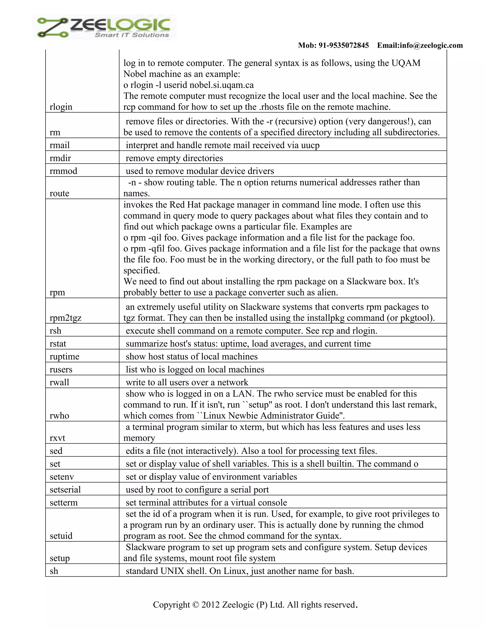 Mob: 91-9535072845 Email:info@zeelogic.com log in to remote computer. The general syntax is as follows, using the UQAM Nobel machine as an example: o rlogin -l userid nobel.si.uqam.ca The remote computer must recognize the local user and the local machine. See the rlogin rcp command for how to set up the .rhosts file on the remote machine. remove files or directories. With the -r (recursive) option (very dangerous!), can rm be used to remove the contents of a specified directory including all subdirectories. rmail interpret and handle remote mail received via uucp rmdir remove empty directories rmmod used to remove modular device drivers -n - show routing table. The n option returns numerical addresses rather than route names. invokes the Red Hat package manager in command line mode. I often use this command in query mode to query packages about what files they contain and to find out which package owns a particular file. Examples are o rpm -qil foo. Gives package information and a file list for the package foo. o rpm -qfil foo. Gives package information and a file list for the package that owns the file foo. Foo must be in the working directory, or the full path to foo must be specified. We need to find out about installing the rpm package on a Slackware box. It's rpm probably better to use a package converter such as alien. an extremely useful utility on Slackware systems that converts rpm packages to rpm2tgz tgz format. They can then be installed using the installpkg command (or pkgtool). rsh execute shell command on a remote computer. See rcp and rlogin. rstat summarize host's status: uptime, load averages, and current time ruptime show host status of local machines rusers list who is logged on local machines rwall write to all users over a network show who is logged in on a LAN. The rwho service must be enabled for this command to run. If it isn't, run ``setup'' as root. I don't understand this last remark, rwho which comes from ``Linux Newbie Administrator Guide''. a terminal program similar to xterm, but which has less features and uses less rxvt memory sed edits a file (not interactively). Also a tool for processing text files. set set or display value of shell variables. This is a shell builtin. The command o setenv set or display value of environment variables setserial used by root to configure a serial port setterm set terminal attributes for a virtual console set the id of a program when it is run. Used, for example, to give root privileges to a program run by an ordinary user. This is actually done by running the chmod setuid program as root. See the chmod command for the syntax. Slackware program to set up program sets and configure system. Setup devices setup and file systems, mount root file system sh standard UNIX shell. On Linux, just another name for bash. Copyright © 2012 Zeelogic (P) Ltd. All rights reserved. 