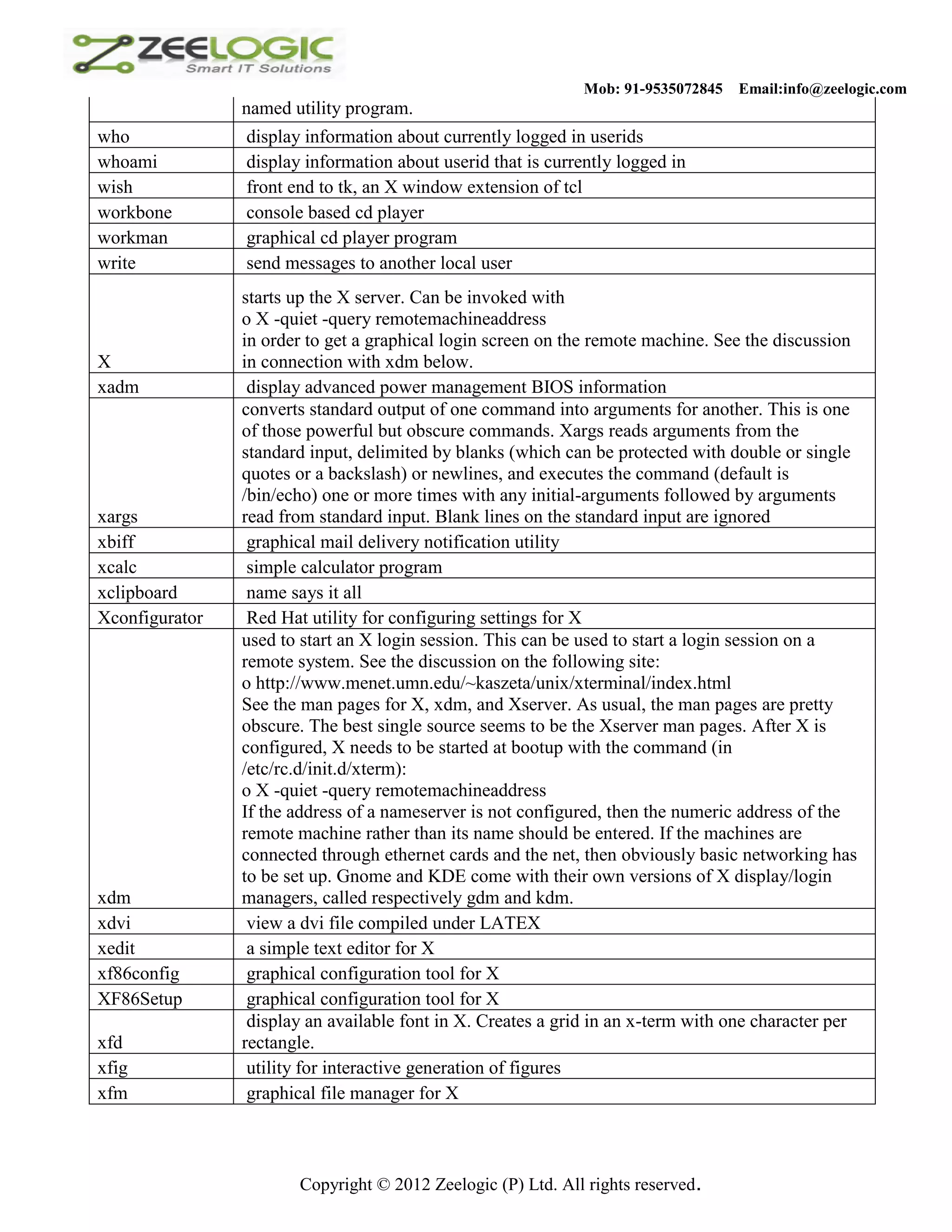Mob: 91-9535072845 Email:info@zeelogic.com named utility program. who display information about currently logged in userids whoami display information about userid that is currently logged in wish front end to tk, an X window extension of tcl workbone console based cd player workman graphical cd player program write send messages to another local user starts up the X server. Can be invoked with o X -quiet -query remotemachineaddress in order to get a graphical login screen on the remote machine. See the discussion X in connection with xdm below. xadm display advanced power management BIOS information converts standard output of one command into arguments for another. This is one of those powerful but obscure commands. Xargs reads arguments from the standard input, delimited by blanks (which can be protected with double or single quotes or a backslash) or newlines, and executes the command (default is /bin/echo) one or more times with any initial-arguments followed by arguments xargs read from standard input. Blank lines on the standard input are ignored xbiff graphical mail delivery notification utility xcalc simple calculator program xclipboard name says it all Xconfigurator Red Hat utility for configuring settings for X used to start an X login session. This can be used to start a login session on a remote system. See the discussion on the following site: o http://www.menet.umn.edu/~kaszeta/unix/xterminal/index.html See the man pages for X, xdm, and Xserver. As usual, the man pages are pretty obscure. The best single source seems to be the Xserver man pages. After X is configured, X needs to be started at bootup with the command (in /etc/rc.d/init.d/xterm): o X -quiet -query remotemachineaddress If the address of a nameserver is not configured, then the numeric address of the remote machine rather than its name should be entered. If the machines are connected through ethernet cards and the net, then obviously basic networking has to be set up. Gnome and KDE come with their own versions of X display/login xdm managers, called respectively gdm and kdm. xdvi view a dvi file compiled under LATEX xedit a simple text editor for X xf86config graphical configuration tool for X XF86Setup graphical configuration tool for X display an available font in X. Creates a grid in an x-term with one character per xfd rectangle. xfig utility for interactive generation of figures xfm graphical file manager for X Copyright © 2012 Zeelogic (P) Ltd. All rights reserved. 