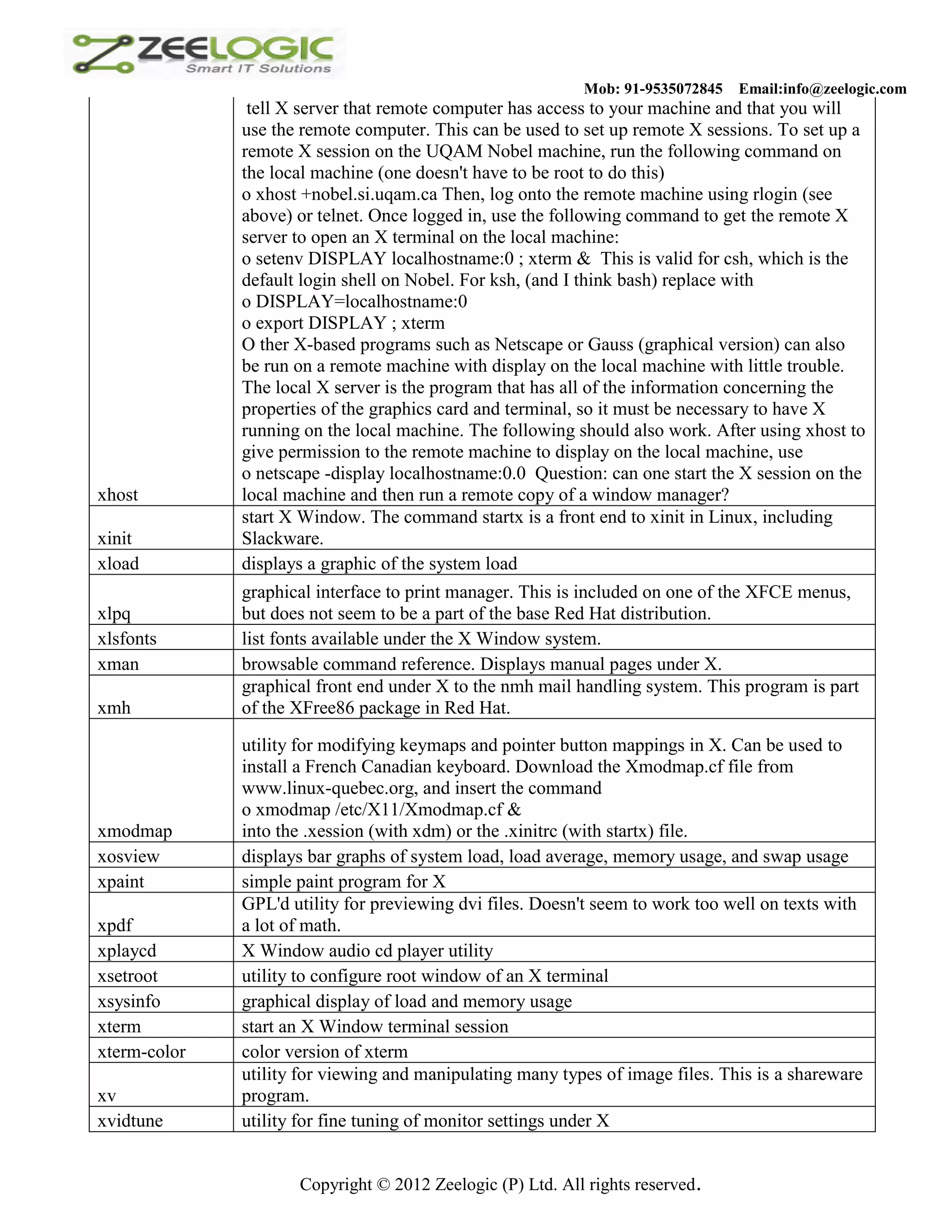 Mob: 91-9535072845 Email:info@zeelogic.com tell X server that remote computer has access to your machine and that you will use the remote computer. This can be used to set up remote X sessions. To set up a remote X session on the UQAM Nobel machine, run the following command on the local machine (one doesn't have to be root to do this) o xhost +nobel.si.uqam.ca Then, log onto the remote machine using rlogin (see above) or telnet. Once logged in, use the following command to get the remote X server to open an X terminal on the local machine: o setenv DISPLAY localhostname:0 ; xterm & This is valid for csh, which is the default login shell on Nobel. For ksh, (and I think bash) replace with o DISPLAY=localhostname:0 o export DISPLAY ; xterm O ther X-based programs such as Netscape or Gauss (graphical version) can also be run on a remote machine with display on the local machine with little trouble. The local X server is the program that has all of the information concerning the properties of the graphics card and terminal, so it must be necessary to have X running on the local machine. The following should also work. After using xhost to give permission to the remote machine to display on the local machine, use o netscape -display localhostname:0.0 Question: can one start the X session on the xhost local machine and then run a remote copy of a window manager? start X Window. The command startx is a front end to xinit in Linux, including xinit Slackware. xload displays a graphic of the system load graphical interface to print manager. This is included on one of the XFCE menus, xlpq but does not seem to be a part of the base Red Hat distribution. xlsfonts list fonts available under the X Window system. xman browsable command reference. Displays manual pages under X. graphical front end under X to the nmh mail handling system. This program is part xmh of the XFree86 package in Red Hat. utility for modifying keymaps and pointer button mappings in X. Can be used to install a French Canadian keyboard. Download the Xmodmap.cf file from www.linux-quebec.org, and insert the command o xmodmap /etc/X11/Xmodmap.cf & xmodmap into the .xession (with xdm) or the .xinitrc (with startx) file. xosview displays bar graphs of system load, load average, memory usage, and swap usage xpaint simple paint program for X GPL'd utility for previewing dvi files. Doesn't seem to work too well on texts with xpdf a lot of math. xplaycd X Window audio cd player utility xsetroot utility to configure root window of an X terminal xsysinfo graphical display of load and memory usage xterm start an X Window terminal session xterm-color color version of xterm utility for viewing and manipulating many types of image files. This is a shareware xv program. xvidtune utility for fine tuning of monitor settings under X Copyright © 2012 Zeelogic (P) Ltd. All rights reserved. 