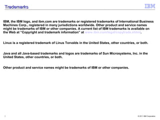 Trademarks


IBM, the IBM logo, and ibm.com are trademarks or registered trademarks of International Business
Machines Corp., registered in many jurisdictions worldwide. Other product and service names
might be trademarks of IBM or other companies. A current list of IBM trademarks is available on
the Web at “Copyright and trademark information” at www.ibm.com/legal/copytrade.shtml.


Linux is a registered trademark of Linus Torvalds in the United States, other countries, or both.


Java and all Java-based trademarks and logos are trademarks of Sun Microsystems, Inc. in the
United States, other countries, or both.


Other product and service names might be trademarks of IBM or other companies.




2                                                                                         © 2011 IBM Corporation
 