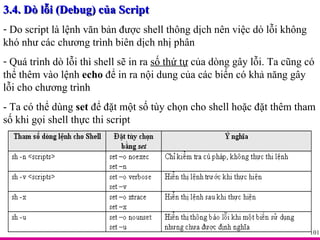 3.4. Dò lỗi (Debug) của Script Do script là lệnh văn bản được shell thông dịch nên việc dò lỗi không khó như các chương trình biên dịch nhị phân Quá trình dò lỗi thì shell sẽ in ra  số thứ tự  của dòng gây lỗi. Ta cũng có thể thêm vào lệnh  echo  để in ra nội dung của các biến có khả năng gây lỗi cho chương trình - Ta có thể dùng  set  để đặt một số tùy chọn cho shell hoặc đặt thêm tham số khi gọi shell thực thi script 