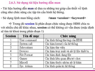 2.6.3. Sử dụng tài liệu hướng dẫn man Tài liệu hướng dẫn  man  sẽ đưa ra những trợ giúp cần thiết về lệnh cũng như chức năng các tập tin cấu hình hệ thống. Sử dụng lệnh man bằng cách: # man <session> <keyword>    Trong đó  session  là phân đoạn chức năng được HĐH chia ra với nhiều chủ đề khác nhau,  session  có thể không có vẫn được (mặc định sẽ tìm từ khoá trong phân đoạn 1)  