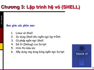 Chương 3:  Lập trình hệ vỏ (SHELL) Bao gồm các phần sau: Linux và Shell Sử dụng Shell như ngôn ngữ lập trình Cú pháp ngôn ngữ Shell Dò lỗi (Debug) của Script Hiển thị màu sắc Xây dựng ứng dụng bằng ngôn ngữ Script CITD - VNUHCM 