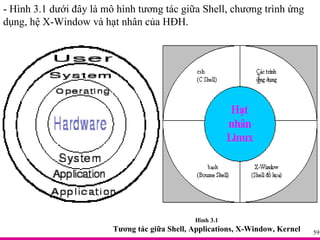 - Hình 3.1 dưới đây là mô hình tương tác giữa Shell, chương trình ứng dụng, hệ X-Window và hạt nhân của HĐH.  Hình 3.1 Tương tác giữa Shell, Applications, X-Window, Kernel 