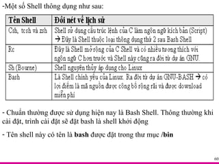 Một số Shell thông dụng như sau: Chuẩn thường được sử dụng hiện nay là Bash Shell. Thông thường khi cài đặt, trình cài đặt sẽ đặt bash là shell khởi động Tên shell này có tên là  bash  được đặt trong thư mục  /bin 