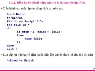 3.2.2. Điều khiển Shell bằng tập tin kịch bản (Script file) Tiến hành tạo một tập tin bằng lệnh cat như sau: #cat > first.sh #!/bin/sh #Vi du ve Script file  for file in * do if grep –l ‘main()’ $file then more $file fi done exit   0 Lưu tập tin trên lại và tiến hành thiết lập quyền thực thi cho tập tin trên # chmod  +x  first.sh 