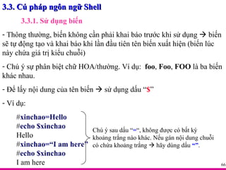 3.3. Cú pháp ngôn ngữ Shell 3.3.1. Sử dụng biến Thông thường, biến không cần phải khai báo trước khi sử dụng    biến sẽ tự động tạo và khai báo khi lần đầu tiên tên biến xuất hiện (biến lúc này chứa giá trị kiểu chuỗi) Chú ý sự phân biệt chữ HOA/thường. Ví dụ:  foo ,  Foo ,  FOO  là ba biến khác nhau. Để lấy nội dung của tên biến    sử dụng dấu “ $ ” Ví dụ: # xinchao=Hello # echo $xinchao Hello # xinchao=“I am here” # echo $xinchao I am here Chú ý sau dấu “ = “, không được có bất kỳ khoảng trắng nào khác. Nếu gán nội dung chuỗi có chứa khoảng trắng    hãy dùng dấu  “” . 