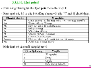 3.3.6.10. Lệnh printf - Chức năng: Tương tự như lệnh  printf  của thư viện C - Danh sách các ký tự đặc biệt dùng chung với dấu “ \ ”, gọi là chuỗi thoát - Định dạnh số và chuỗi bằng ký tự % 