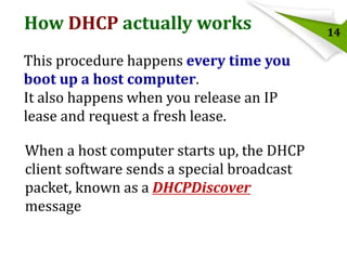 How DHCP actually works
This procedure happens every time you
boot up a host computer.
It also happens when you release an IP
lease and request a fresh lease.

When a host computer starts up, the DHCP
client software sends a special broadcast
packet, known as a DHCPDiscover
message

14

 