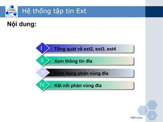 Hệ thống tập tin Ext

Nội dung:


            I     Tổng quát về ext2, ext3, ext4

            II    Xem thông tin đĩa

            III   Định dạng phân vùng đĩa

            IV    Kết nối phân vùng đĩa




                                                  HĐH Linux   2
 