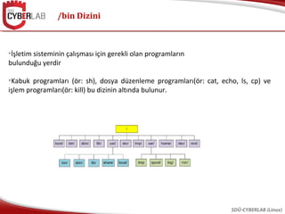 /bin Dizini
SDÜ-CYBERLAB (Linux)

İşletim sisteminin çalışması için gerekli olan programların
bulunduğu yerdir

Kabuk programları (ör: sh), dosya düzenleme programları(ör: cat, echo, ls, cp) ve
işlem programları(ör: kill) bu dizinin altında bulunur.
 
