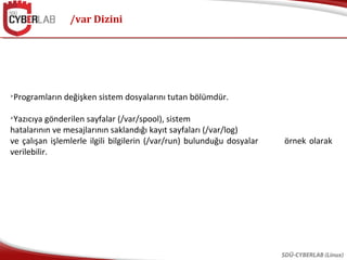 /var Dizini
SDÜ-CYBERLAB (Linux)

Programların değişken sistem dosyalarını tutan bölümdür.

Yazıcıya gönderilen sayfalar (/var/spool), sistem
hatalarının ve mesajlarının saklandığı kayıt sayfaları (/var/log)
ve çalışan işlemlerle ilgili bilgilerin (/var/run) bulunduğu dosyalar örnek olarak
verilebilir.
 