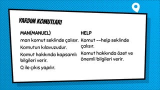 Yardım komutları
MAN(MANUEL)
man komut seklinde çalısır.
Komutun kılavuzudur.
Komut hakkında kapsamlı
bilgileri verir.
Q ile çıkıs yapılır.
HELP
Komut --help seklinde
çalısır.
Komut hakkında özet ve
önemli bilgileri verir.
 