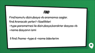 Find komutu dizin,dosya vb aramamızı saglar.
find Aranacak yerler/-/özellikleri
-type parametresi ile dizin,dosya,karakter dosyası vb
-name dosyanın ismi
$ find /home -type d -name ödevlerim
find
 