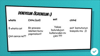 Deneyelim ögrenelim :)
whatis
$ whatis cat
Çıktı sence ne??
exit
Yoksa
bulunduğun
kullanıcıdan mı
çıktı ???
ctrl+d
exit komutunun
kısayolu mu ;))
Ctrl+c (cut)
Bir process
islerken bunu
yapmalısın!!
 