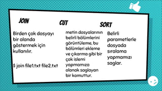 Join cut sort
Birden çok dosyayı
bir alanda
göstermek için
kullanılır.
$ join file1.txt file2.txt
metin dosyalarının
belirli bölümlerini
görüntüleme, bu
bölümleri ekleme
ve çıkarma gibi bir
çok islemi
yapmamıza
olanak saglayan
bir komuttur.
Belirli
parametlerle
dosyada
sıralama
yapmamızı
saglar.
 