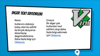Dıger text edıtorlerı
Nano:
Kullanımı oldukça
kolay olan bu editör
ile birçok dosyanızı
düzenleyip
degistirebilirsiniz.
Daha fazla bilgi için
tıklayınız.
Emacs:
Bir diger çok
kullanılan text
editörü olup daha
fazla bilgi edinmek
için tıklayınız.
 