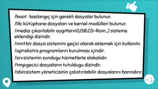 /boot : baslangıç için gerekli dosyalar bulunur.
/lib: kütüphane dosyaları ve kernel modülleri bulunur.
/media: çıkarilabilir aygıtların(USB,CD-Rom...) sisteme
eklendigi dizindir.
/mnt:bir dosya sistemini geçici olarak eklemek için kullanılır.
/opt:ekstra programların kurulması içindir.
/srv:sistemin sundugu hizmetlerle alakalıdır.
/tmp:gecici dosyaların tutuldugu dizindir.
/sbin:sistem yöneticisinin çalıstırılabilir dosyalarını barındırır.
 