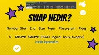 Swap nedir?
Number Start End Size Type File system Flags
5 6861MB 7380MB 519MB logical linux-swap(v1)
inode ögrenelim
 