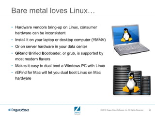 © 2016 Rogue Wave Software, Inc. All Rights Reserved. 24
Bare metal loves Linux…
• Hardware vendors bring-up on Linux, consumer
hardware can be inconsistent
• Install it on your laptop or desktop computer (YMMV)
• Or on server hardware in your data center
• GRand Unified Bootloader, or grub, is supported by
most modern flavors
• Makes it easy to dual boot a Windows PC with Linux
• rEFind for Mac will let you dual boot Linux on Mac
hardware
 