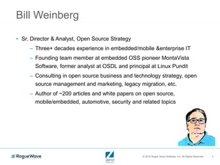 © 2016 Rogue Wave Software, Inc. All Rights Reserved. 3
Bill Weinberg
• Sr. Director & Analyst, Open Source Strategy
– Three+ decades experience in embedded/mobile &enterprise IT
– Founding team member at embedded OSS pioneer MontaVista
Software, former analyst at OSDL and principal at Linux Pundit
– Consulting in open source business and technology strategy, open
source management and marketing, legacy migration, etc.
– Author of ~200 articles and white papers on open source,
mobile/embedded, automotive, security and related topics
 