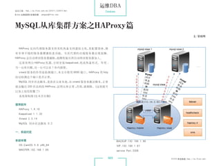 运维DBA
杂志订阅 : http://os.51cto.com/art/201011/233915.htm    Database
《Linux 运维趋势》投稿信箱 : yangsai@51cto.com




 MySQL从库集群方案之HAProxy篇
                                                                                                        文/崔晓辉



    HAProxy 反向代理服务器支持双机热备支持虚拟主机，其配置简单，拥
 有非常不错的服务器健康检查功能。当其代理的后端服务器出现故障，
 HAProxy 会自动将该服务器摘除，故障恢复后再自动将该服务器加入。
    这里有两台 HAProxy 机器，分别安装 keepalived，组成热备形式。作用 ：
 当一台有问题，另一台可以在 1 秒内接管。
    xinetd 服务的作用是检测端口，本文中使用 8890 端口。HAProxy 用 http
 协议检测这个端口是否正常。
    MySQL 同步状态脚本，是放在从库本地， xinetd 服务来激活脚本，
                         由               正常
 就会输出 200 状态码给 HAProxy，证明从库正常 ；
                              否则，就剔除。（这里就可
 以加上短信报警了）
    系统架构图（见本页右侧）


 使用软件
    HAProxy 1.4.16
    Keepalived 1.1.20
    Xinetd 2.3.14
    MySQL 同步状态脚本 0.2


 一、系统约定


 系统环境                                                          BACKUP:192.168.1.66
    OS:CentOS 5.6 x86_64                                       VIP:192.168.1.67
    MASTER:192.168.1.65                                        serivce Port:3306

                                                      023                            51CTO 系统频道 ：
                                                                                                http://os.51cto.com
 