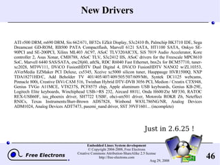 New Drivers ATI r500 DRM, rs690 DRM, Sis 662/671, BF52x EZkit Display, S3c2410 fb, Palmchip BK3710 IDE, Sega Dreamcast GD-ROM, RB500 PATA Compactflash, Marvell 6121 SATA, HT1100 SATA, Onkyo SE-90PCI and SE-200PCI, Xilinx ML403 AC97, ASoC TLV320AIC3X, SiS 7019 Audio Accelerator, Kore controller 2, Asus Xonar, CMI8788, ASoC TLV, S3c2412 IIS, ASoC drivers for the Freescale MPC8610 SoC, Marvell 6440 SAS/SATA, enc28j60, ath5k, RDC R6040 Fast Ethernet, bnx2x for BCM57710, tuner-xc2028, MT9V111, DViCO FusionHDTV Dual Digital 4, DViCO FusionHDTV NANO2 w/ZL10353, AVerMedia EZMaker PCI Deluxe, cs5345, Xceive xc5000 silicon tuner, Hauppauge HVR1500Q, NXP TDA18271HD/C, Add Beholder TV 401/405/407/409/505/507/609/M6, Syntek DC1125 webcams, Pinnacle 800i, Creative DiVi CAM 516, Twinhan Hybrid DTV-DVB 3056 PCI, Medion / Creatix CTX948, Genius TVGo A11MCE, VT8237S, PCF8575 chip, Apple aluminum USB keyboards, Genius KB-29E, Logitech Elite keyboards, Winchiphead USB->RS 232, Aircard 881U, Onda H600/Zte MF330, RATOC REX-USB60F, iuu_phoenix driver, SH7722 USBF, ohci-sm501 driver, Motorola ROKR Z6, Neteffect RNICs, Texas Instruments/Burr-Brown ADS7828, Winbond W83L786NG/NR, Analog Devices ADM1024, Analog Devices ADT7473, pasemi_nand driver, SST 39VF1601... (incomplete) Just in 2.6.25 ! 