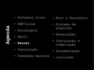 Agenda
Software Livre
GNU/Linux
Hierarquia
Shell
Kernel
Instalação
Comandos básicos
Boot e Runlevels
Sistema de
arquivos
Permissões
Instalação e
compilação
Documentação
conclusão
 