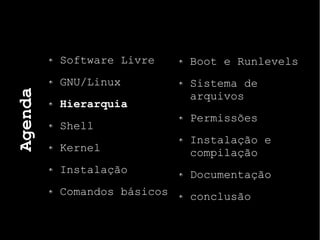 Agenda
Software Livre
GNU/Linux
Hierarquia
Shell
Kernel
Instalação
Comandos básicos
Boot e Runlevels
Sistema de
arquivos
Permissões
Instalação e
compilação
Documentação
conclusão
 