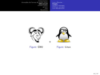 Présentation
Exemples de formes de basse vision
GNU/LinuX
compiz fusion
gnome
xfce
Questions
Les 4 libertés :
Késako
window manager
desktop manager
Les distributions
Figure: GNU
+
Figure: Linux
14 / 27
 