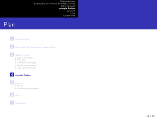 Présentation
Exemples de formes de basse vision
GNU/LinuX
compiz fusion
gnome
xfce
Questions
Plan
1 Présentation
2 Exemples de formes de basse vision
3 GNU/LinuX
Les 4 libertés :
Késako
window manager
desktop manager
Les distributions
4 compiz fusion
5 gnome
Orca
thèmes de bureaux
6 xfce
7 Questions
18 / 27
 