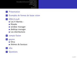Présentation
Exemples de formes de basse vision
GNU/LinuX
compiz fusion
gnome
xfce
Questions
1 Présentation
2 Exemples de formes de basse vision
3 GNU/LinuX
Les 4 libertés :
Késako
window manager
desktop manager
Les distributions
4 compiz fusion
5 gnome
Orca
thèmes de bureaux
6 xfce
7 Questions
2 / 27
 