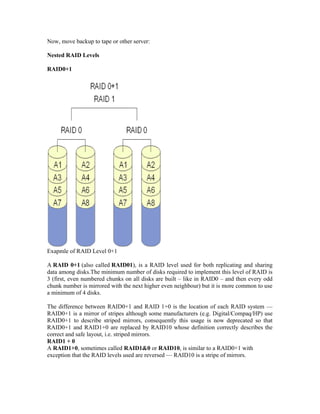 Now, move backup to tape or other server:

Nested RAID Levels

RAID0+1




Exapmle of RAID Level 0+1

A RAID 0+1 (also called RAID01), is a RAID level used for both replicating and sharing
data among disks.The minimum number of disks required to implement this level of RAID is
3 (first, even numbered chunks on all disks are built – like in RAID0 – and then every odd
chunk number is mirrored with the next higher even neighbour) but it is more common to use
a minimum of 4 disks.

The difference between RAID0+1 and RAID 1+0 is the location of each RAID system —
RAID0+1 is a mirror of stripes although some manufacturers (e.g. Digital/Compaq/HP) use
RAID0+1 to describe striped mirrors, consequently this usage is now deprecated so that
RAID0+1 and RAID1+0 are replaced by RAID10 whose definition correctly describes the
correct and safe layout, i.e. striped mirrors.
RAID1 + 0
A RAID1+0, sometimes called RAID1&0 or RAID10, is similar to a RAID0+1 with
exception that the RAID levels used are reversed — RAID10 is a stripe of mirrors.
 