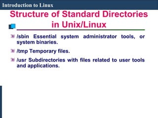 Introduction to Linux 
Structure of Standard Directories 
in Unix/Linux 
/sbin Essential system administrator tools, or 
system binaries. 
/tmp Temporary files. 
/usr Subdirectories with files related to user tools 
and applications. 
 